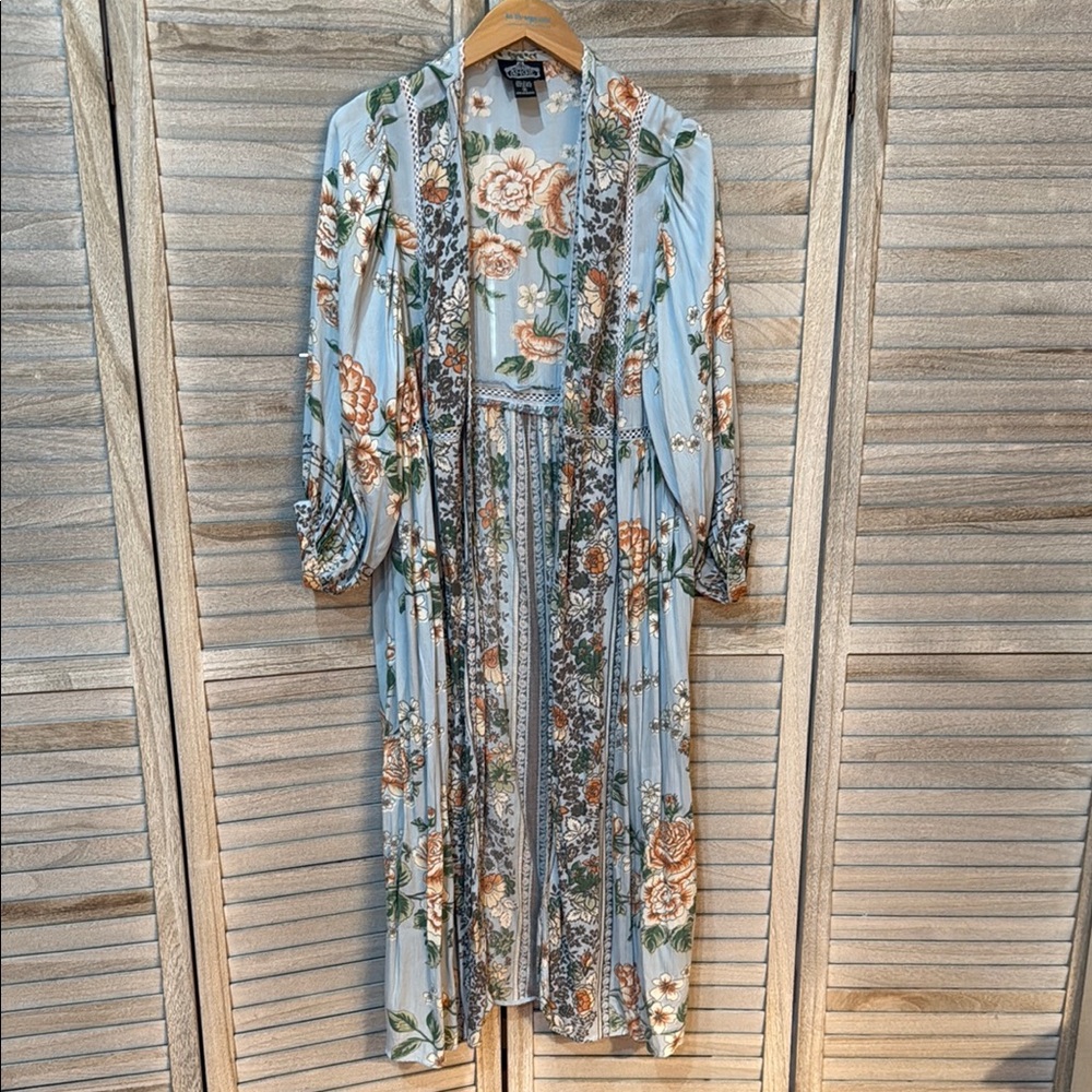 Floral Kimono in Blue and Orange